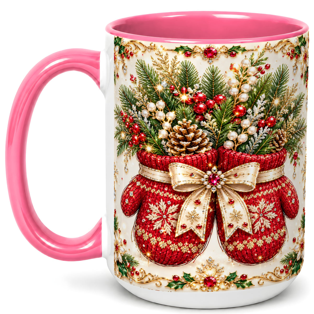 #pl[15oz|Pink] Christmas Mittens Coffee Mug, Jeweled Holiday Mug, Ceramic Cup