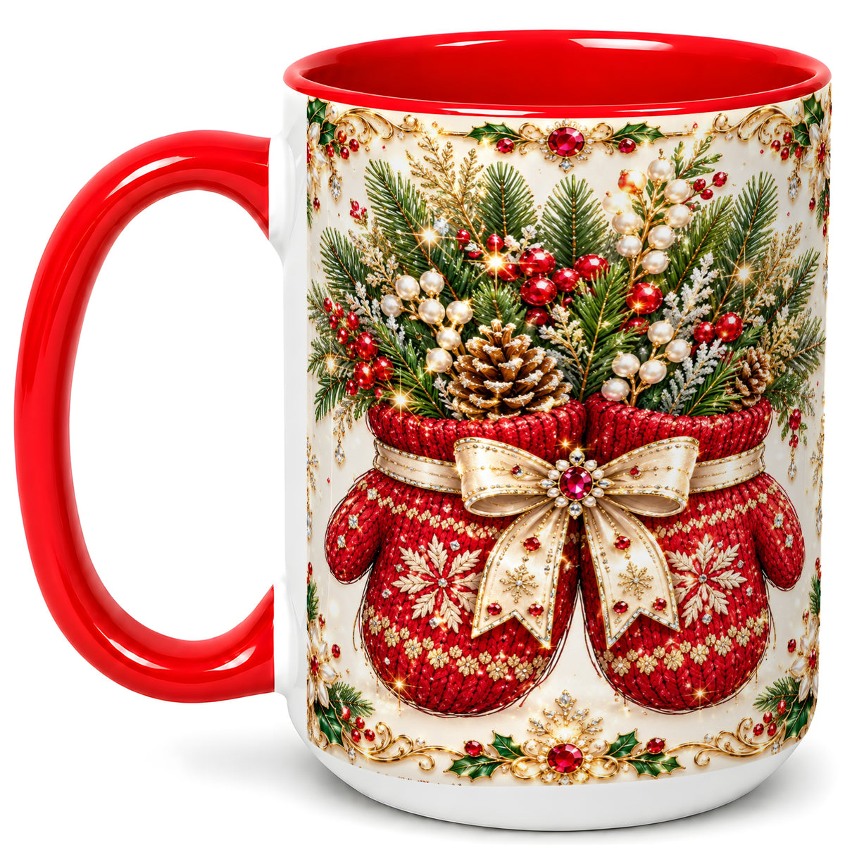 #pl[15oz|Red] Christmas Mittens Coffee Mug, Jeweled Holiday Mug, Ceramic Cup