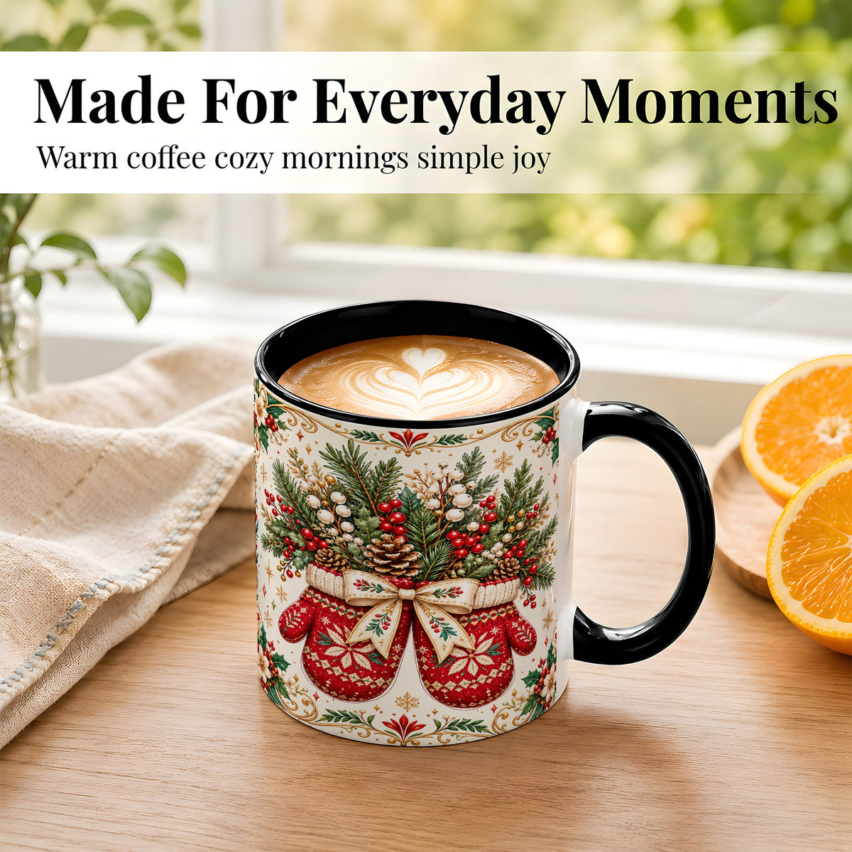 #pl[11oz|Black] Christmas Mittens Coffee Mug, Winter Floral Mug, Ceramic Cup