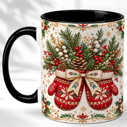 #pl[11oz|Black] Christmas Mittens Coffee Mug, Winter Floral Mug, Ceramic Cup