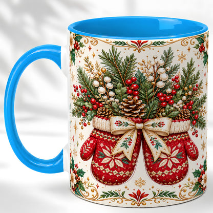 #pl[11oz|Blue] Christmas Mittens Coffee Mug, Winter Floral Mug, Ceramic Cup