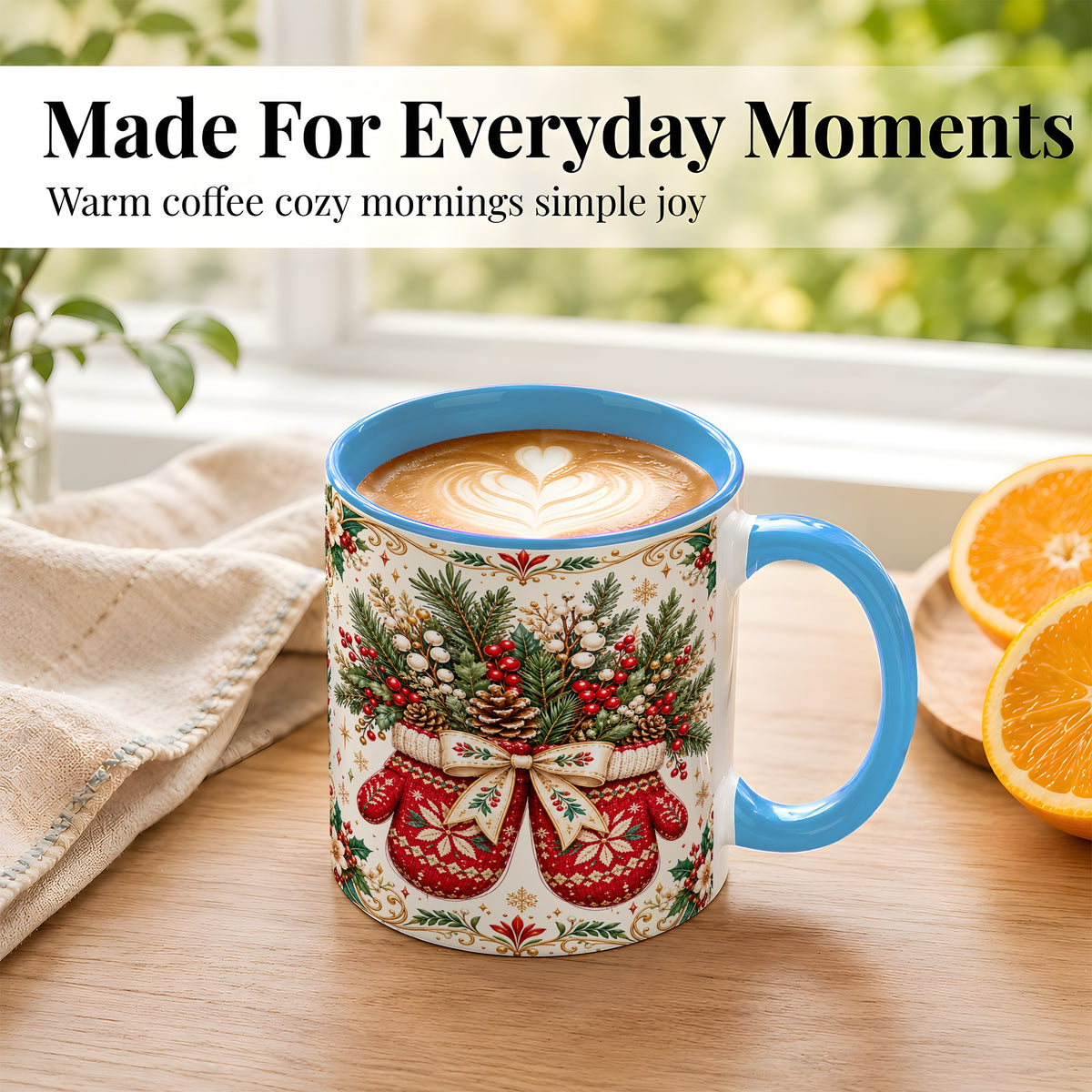 #pl[11oz|Blue] Christmas Mittens Coffee Mug, Winter Floral Mug, Ceramic Cup