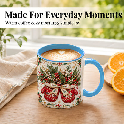 #pl[11oz|Blue] Christmas Mittens Coffee Mug, Winter Floral Mug, Ceramic Cup