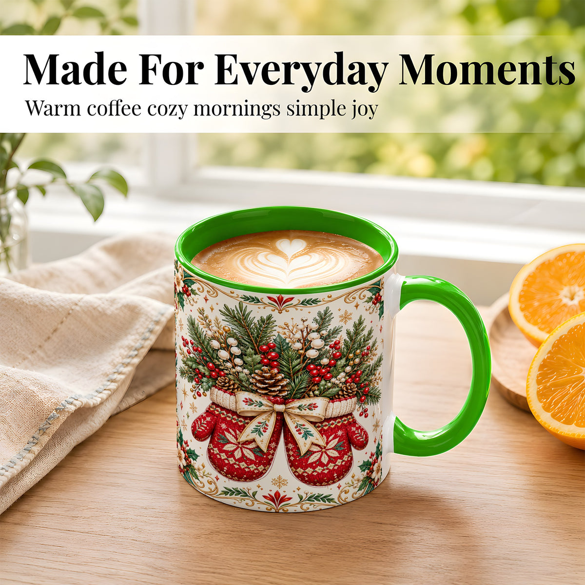 #pl[11oz|Green] Christmas Mittens Coffee Mug, Winter Floral Mug, Ceramic Cup