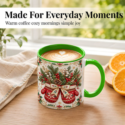 #pl[11oz|Green] Christmas Mittens Coffee Mug, Winter Floral Mug, Ceramic Cup
