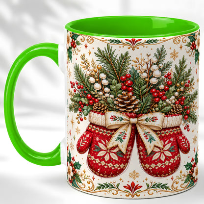 #pl[11oz|Green] Christmas Mittens Coffee Mug, Winter Floral Mug, Ceramic Cup