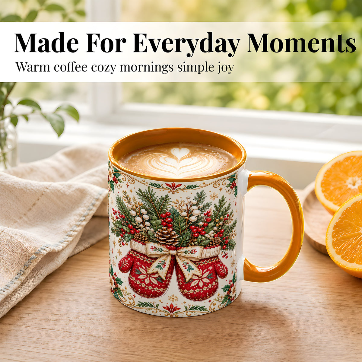 #pl[11oz|Orange] Christmas Mittens Coffee Mug, Winter Floral Mug, Ceramic Cup