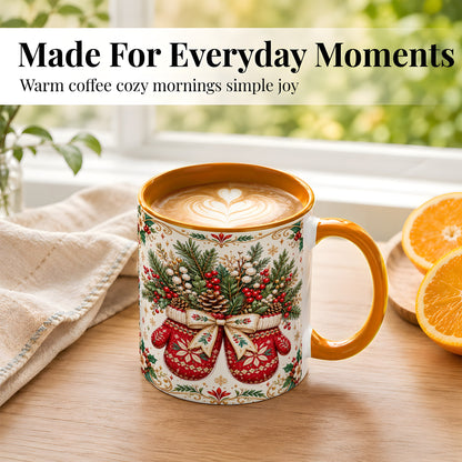#pl[11oz|Orange] Christmas Mittens Coffee Mug, Winter Floral Mug, Ceramic Cup