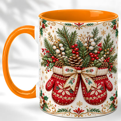 #pl[11oz|Orange] Christmas Mittens Coffee Mug, Winter Floral Mug, Ceramic Cup