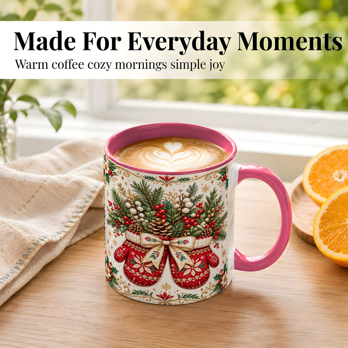 #pl[11oz|Pink] Christmas Mittens Coffee Mug, Winter Floral Mug, Ceramic Cup