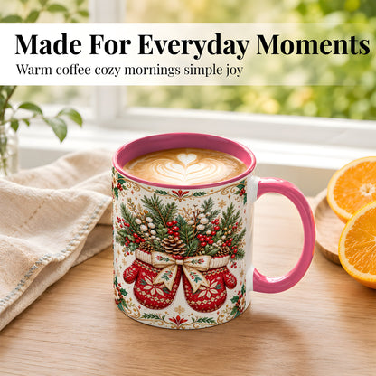 #pl[11oz|Pink] Christmas Mittens Coffee Mug, Winter Floral Mug, Ceramic Cup