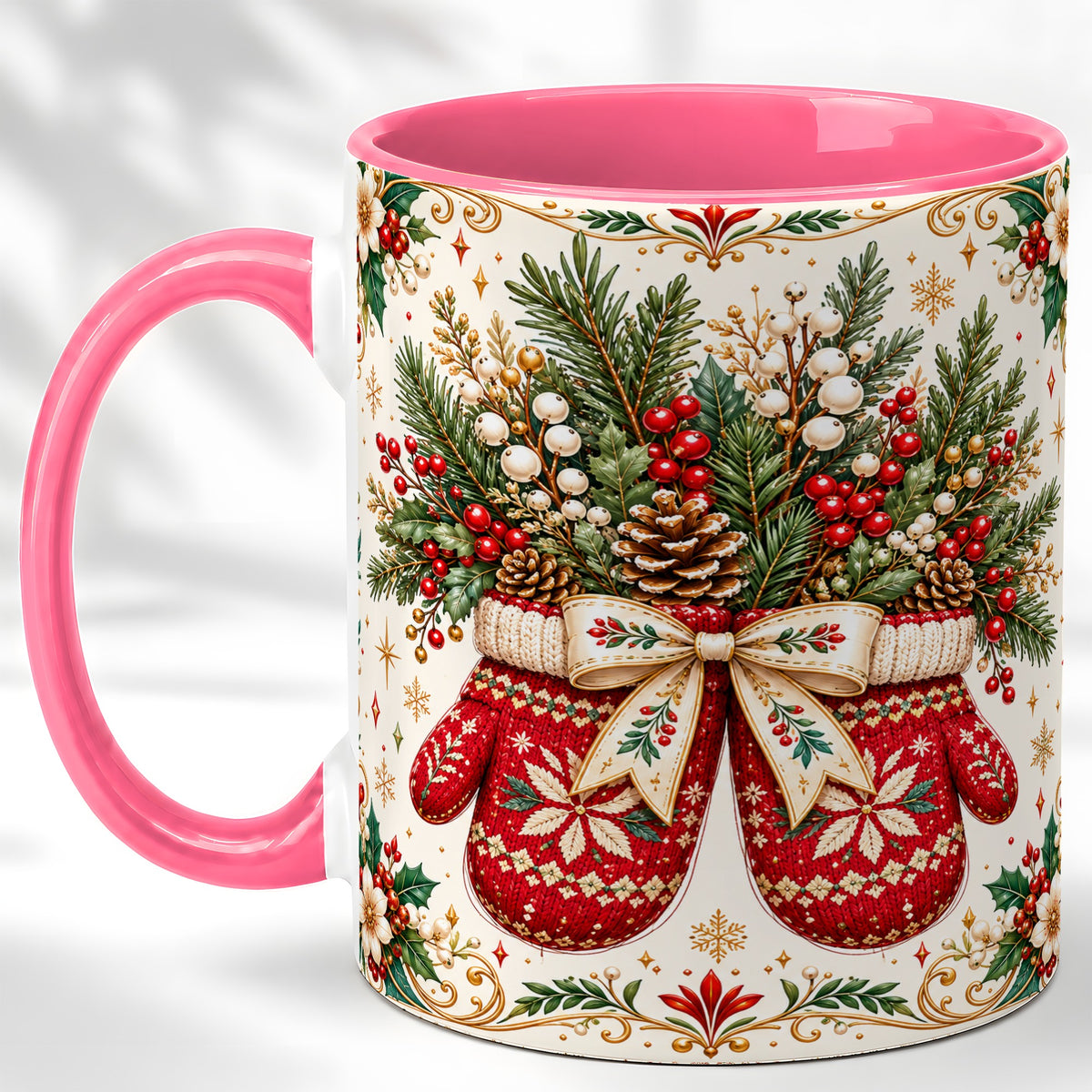 #pl[11oz|Pink] Christmas Mittens Coffee Mug, Winter Floral Mug, Ceramic Cup