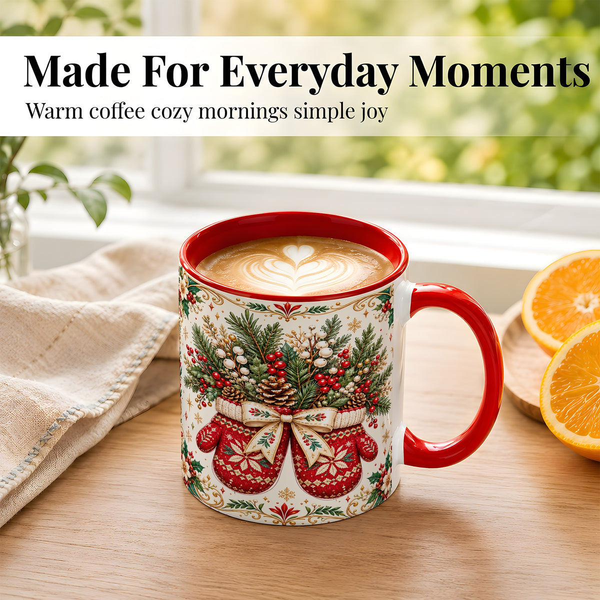 #pl[11oz|Red] Christmas Mittens Coffee Mug, Winter Floral Mug, Ceramic Cup