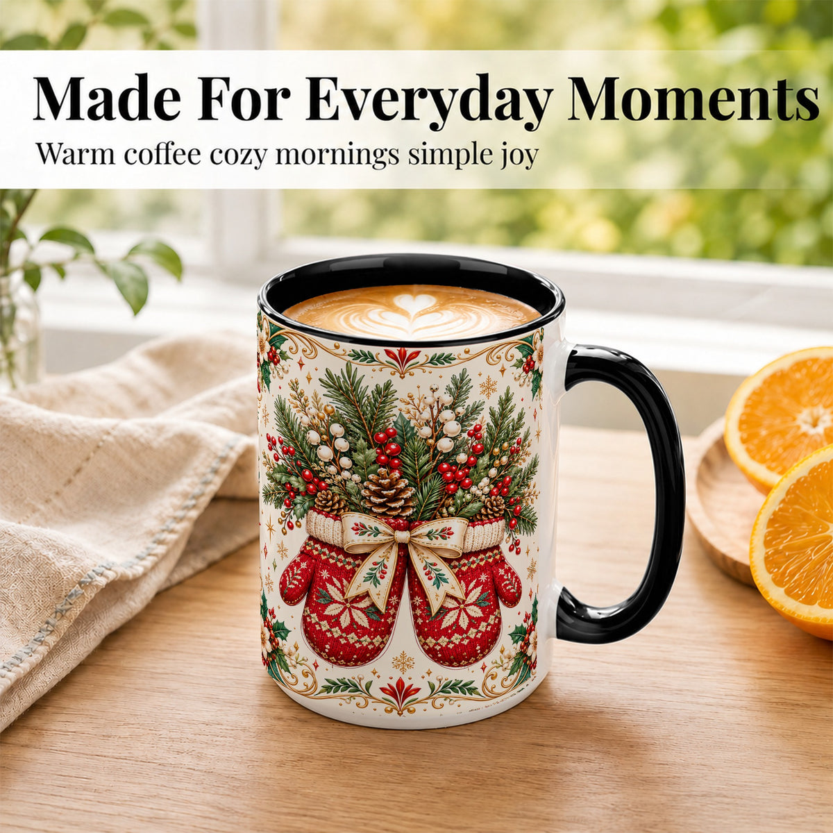 #pl[15oz|Black] Christmas Mittens Coffee Mug, Winter Floral Mug, Ceramic Cup