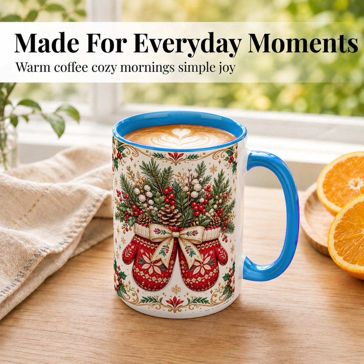 #pl[15oz|Blue] Christmas Mittens Coffee Mug, Winter Floral Mug, Ceramic Cup