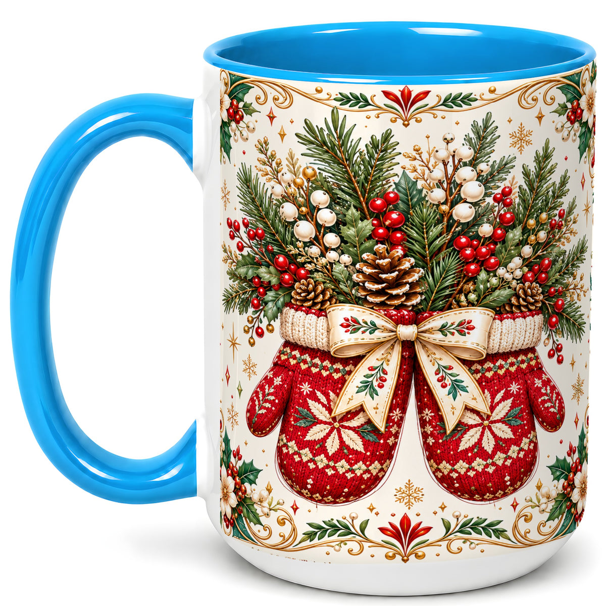 #pl[15oz|Blue] Christmas Mittens Coffee Mug, Winter Floral Mug, Ceramic Cup