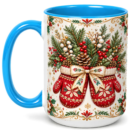 #pl[15oz|Blue] Christmas Mittens Coffee Mug, Winter Floral Mug, Ceramic Cup