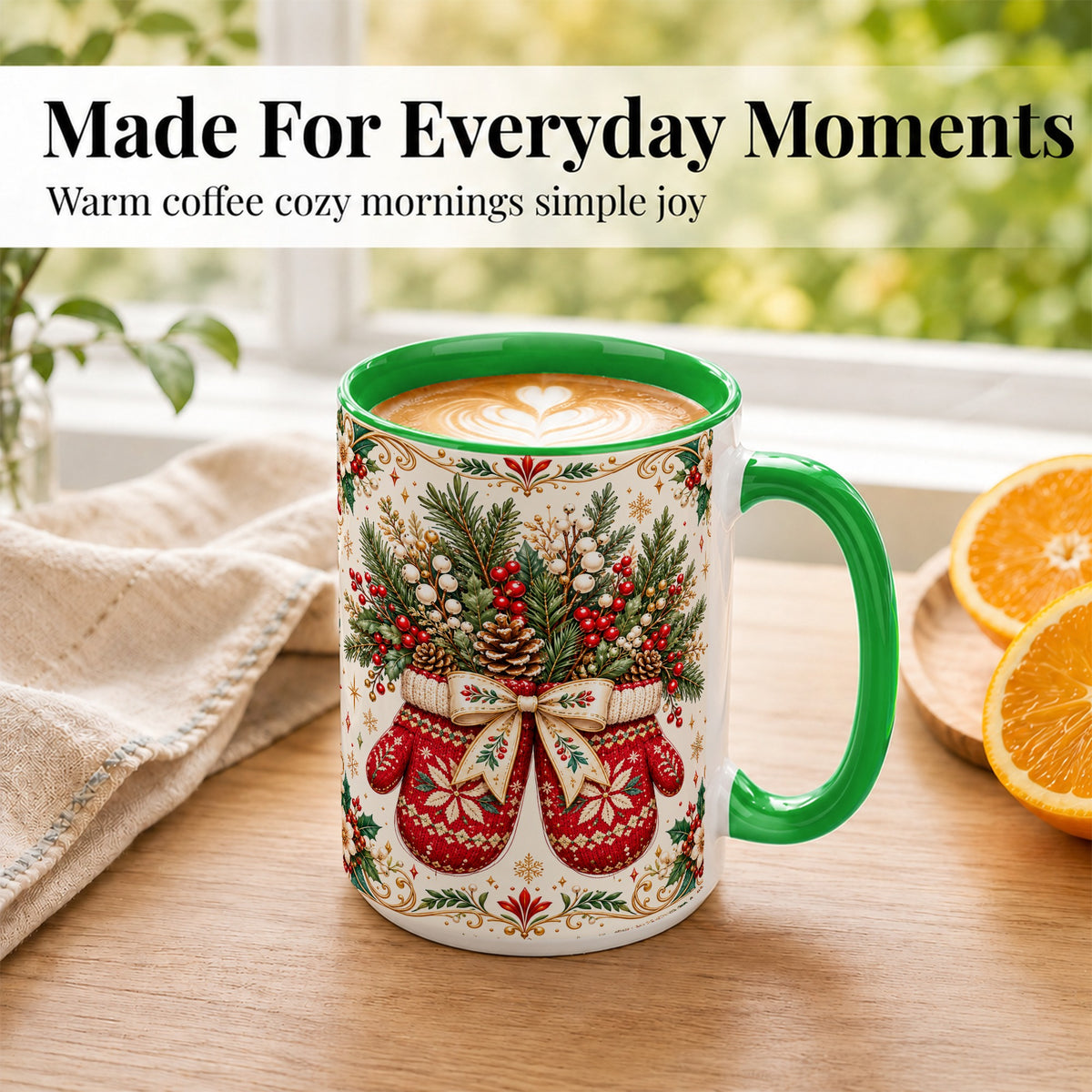 #pl[15oz|Green] Christmas Mittens Coffee Mug, Winter Floral Mug, Ceramic Cup