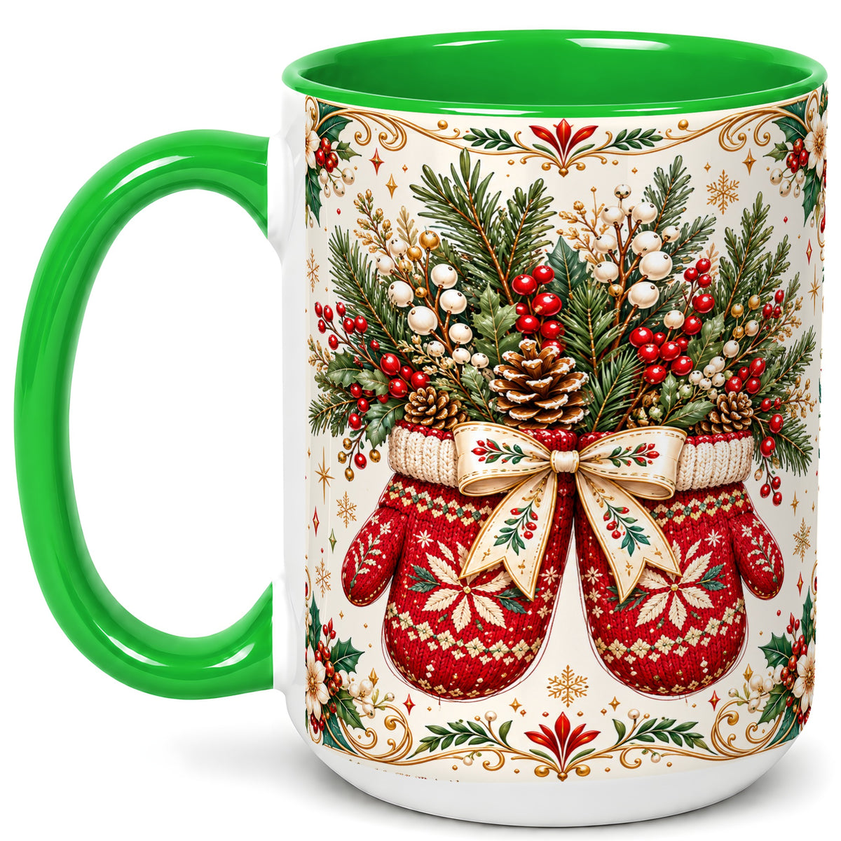 #pl[15oz|Green] Christmas Mittens Coffee Mug, Winter Floral Mug, Ceramic Cup