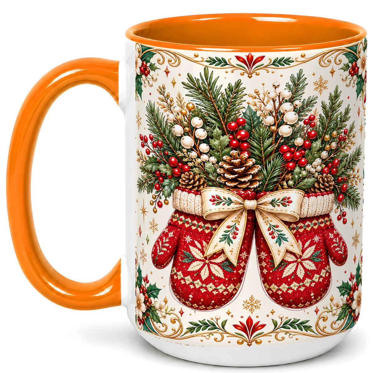 #pl[15oz|Orange] Christmas Mittens Coffee Mug, Winter Floral Mug, Ceramic Cup