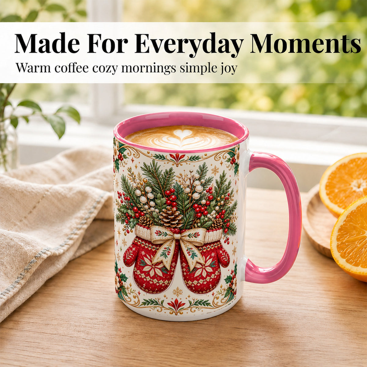 #pl[15oz|Pink] Christmas Mittens Coffee Mug, Winter Floral Mug, Ceramic Cup