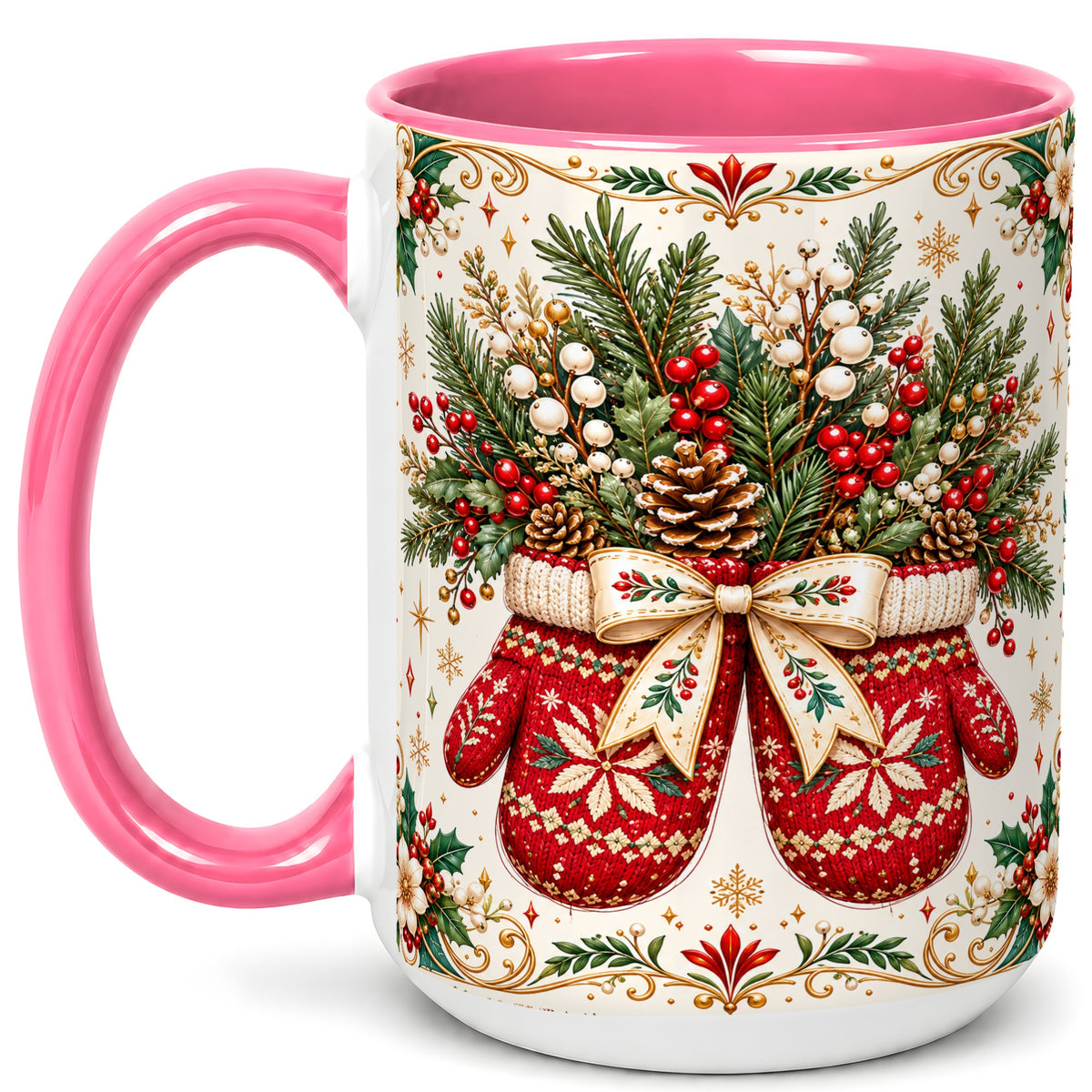 #pl[15oz|Pink] Christmas Mittens Coffee Mug, Winter Floral Mug, Ceramic Cup