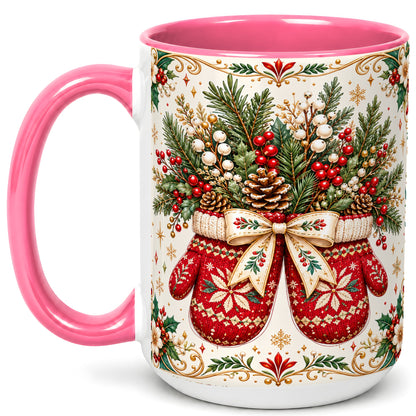 #pl[15oz|Pink] Christmas Mittens Coffee Mug, Winter Floral Mug, Ceramic Cup