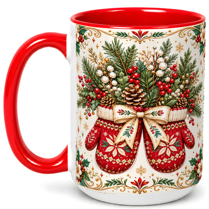#pl[15oz|Red] Christmas Mittens Coffee Mug, Winter Floral Mug, Ceramic Cup