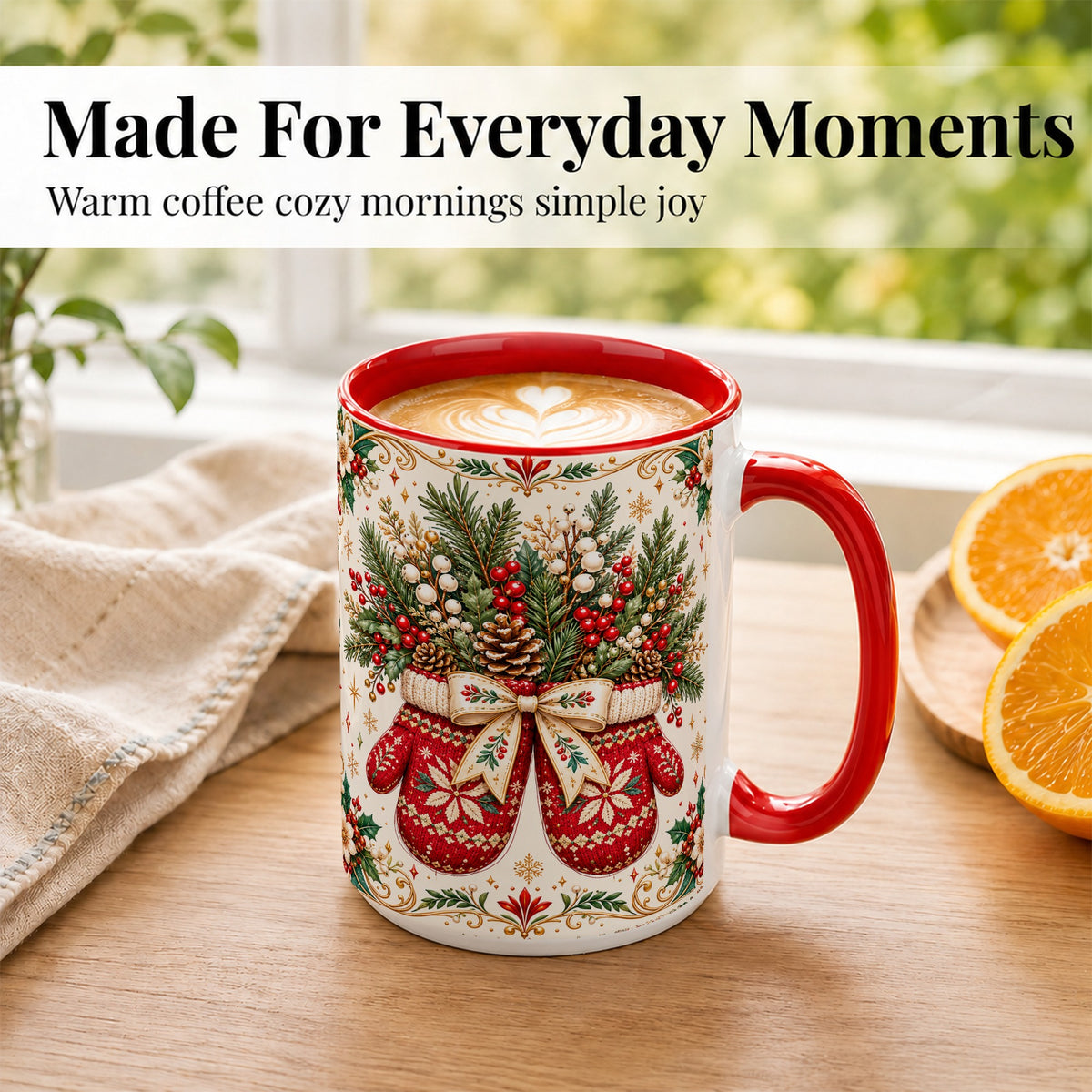 #pl[15oz|Red] Christmas Mittens Coffee Mug, Winter Floral Mug, Ceramic Cup