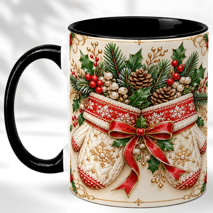 #pl[11oz|Black] Christmas Mittens Coffee Mug, Holly Pine Mug, Ceramic Cup