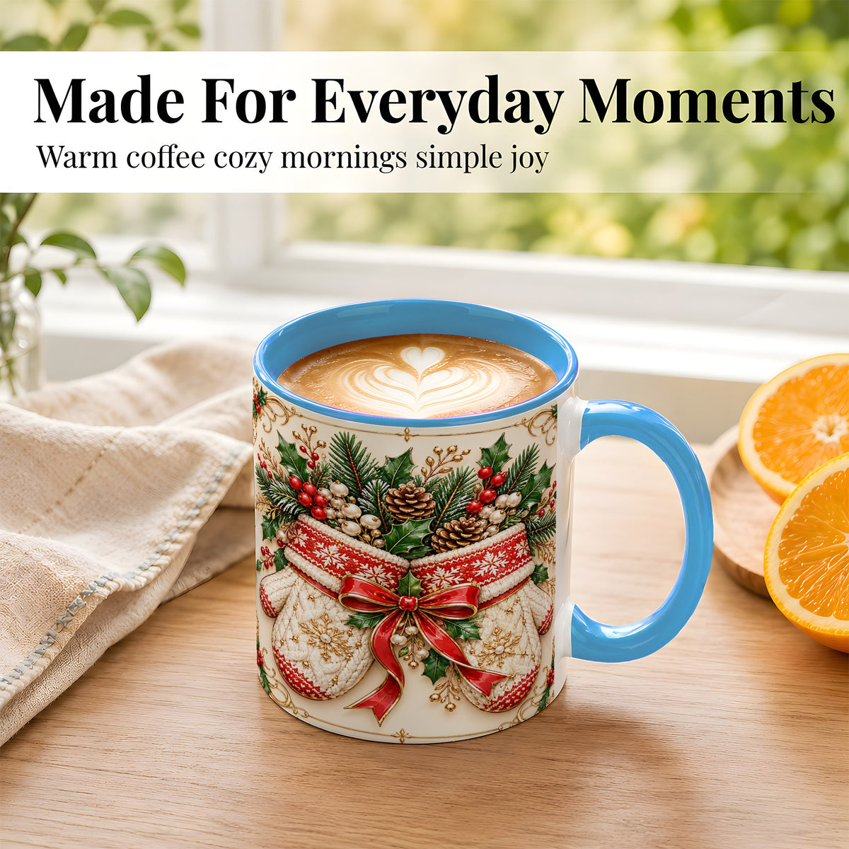 #pl[11oz|Blue] Christmas Mittens Coffee Mug, Holly Pine Mug, Ceramic Cup