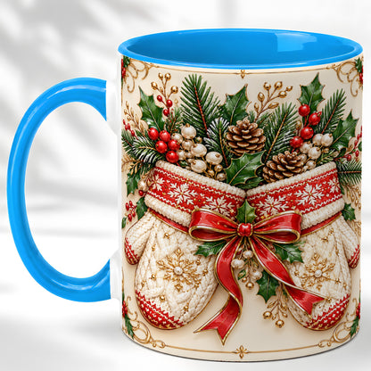 #pl[11oz|Blue] Christmas Mittens Coffee Mug, Holly Pine Mug, Ceramic Cup