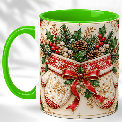 #pl[11oz|Green] Christmas Mittens Coffee Mug, Holly Pine Mug, Ceramic Cup