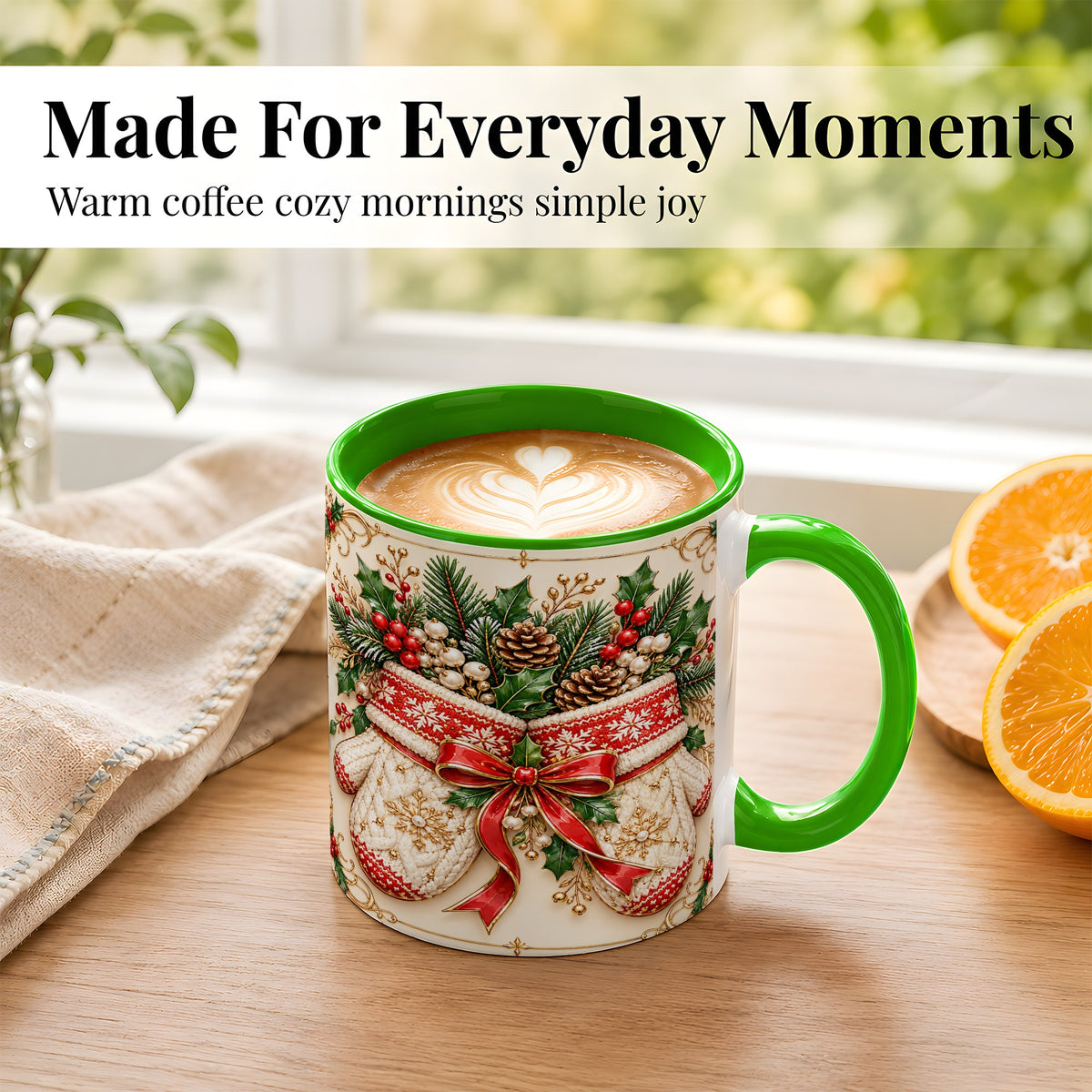 #pl[11oz|Green] Christmas Mittens Coffee Mug, Holly Pine Mug, Ceramic Cup