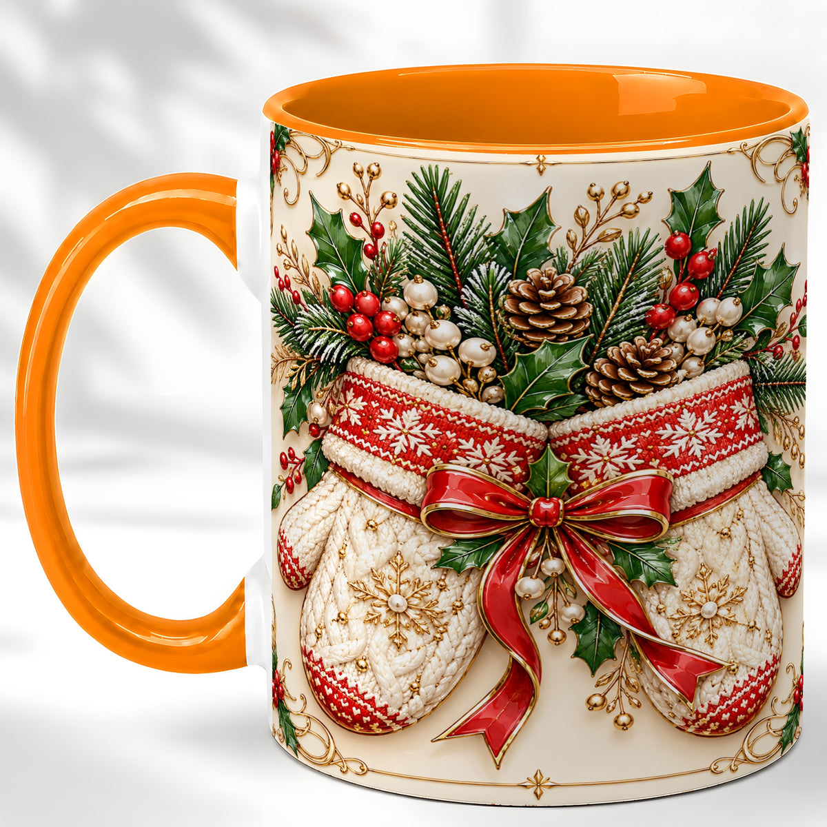 #pl[11oz|Orange] Christmas Mittens Coffee Mug, Holly Pine Mug, Ceramic Cup