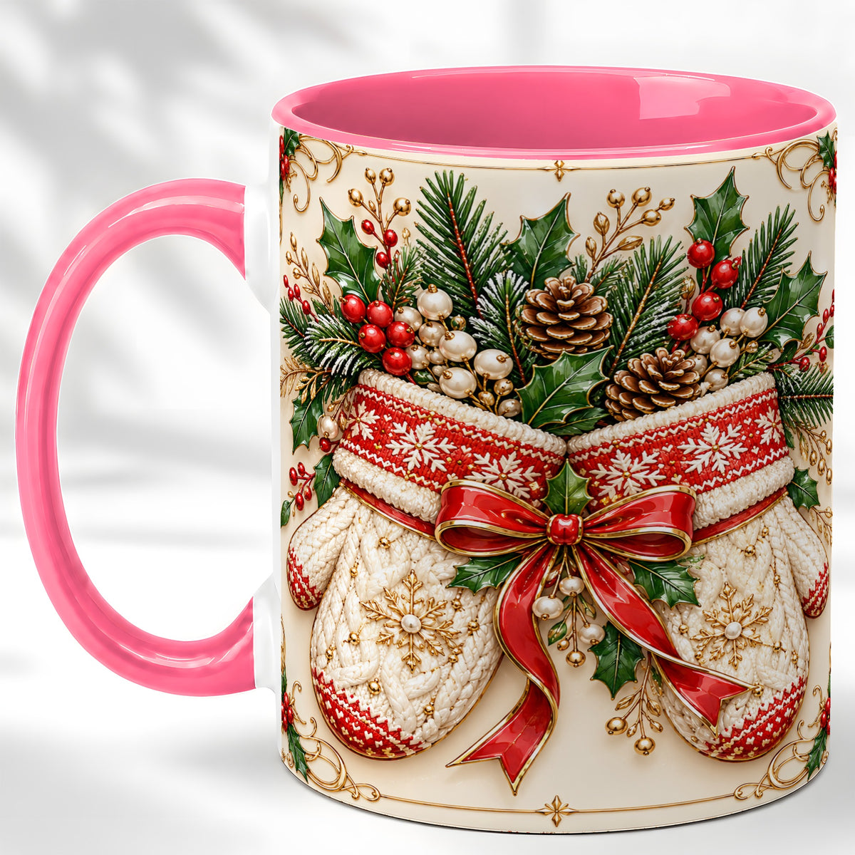 #pl[11oz|Pink] Christmas Mittens Coffee Mug, Holly Pine Mug, Ceramic Cup