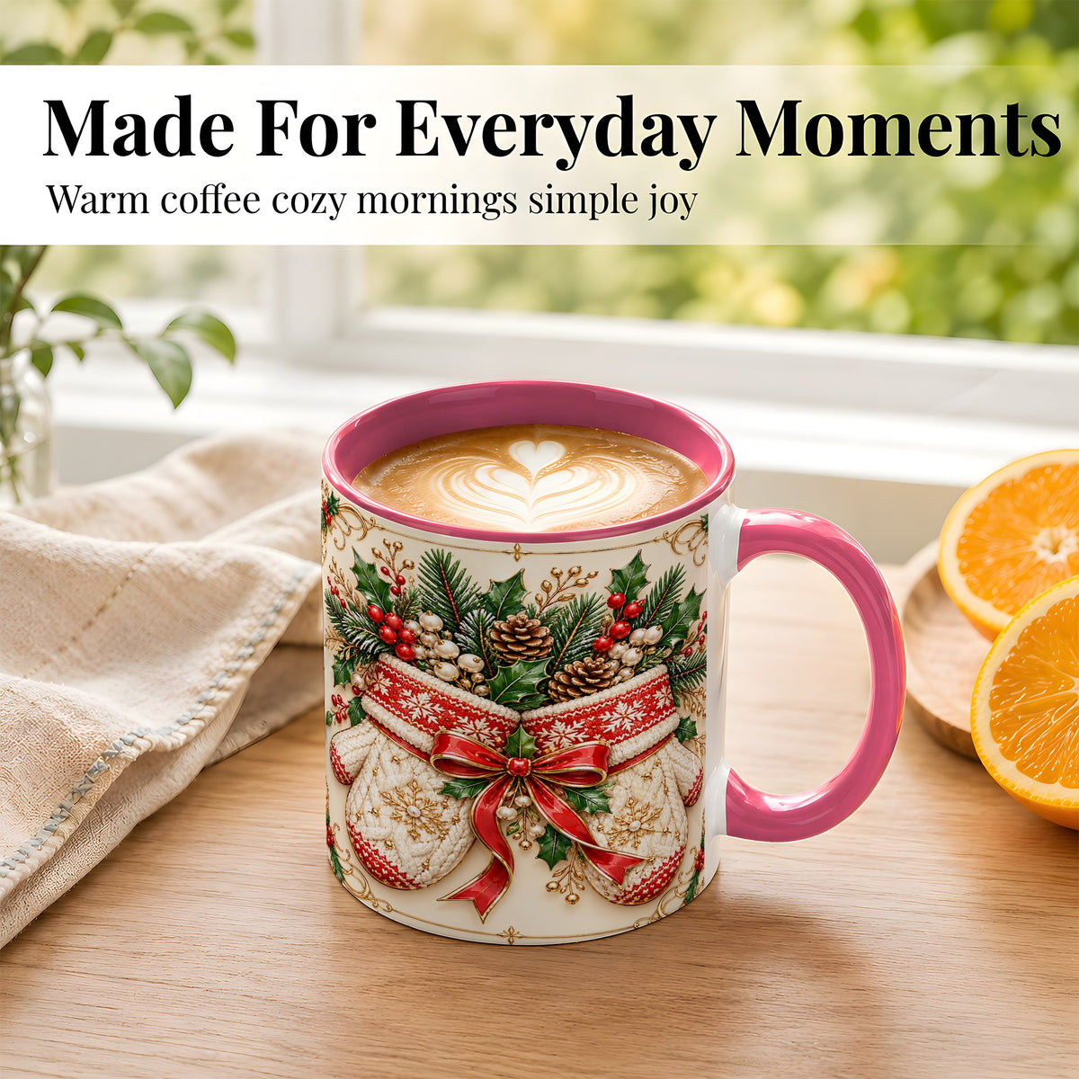 #pl[11oz|Pink] Christmas Mittens Coffee Mug, Holly Pine Mug, Ceramic Cup