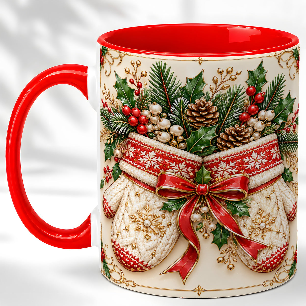 Christmas Mittens Coffee Mug, Holly Pine Mug, Ceramic Cup