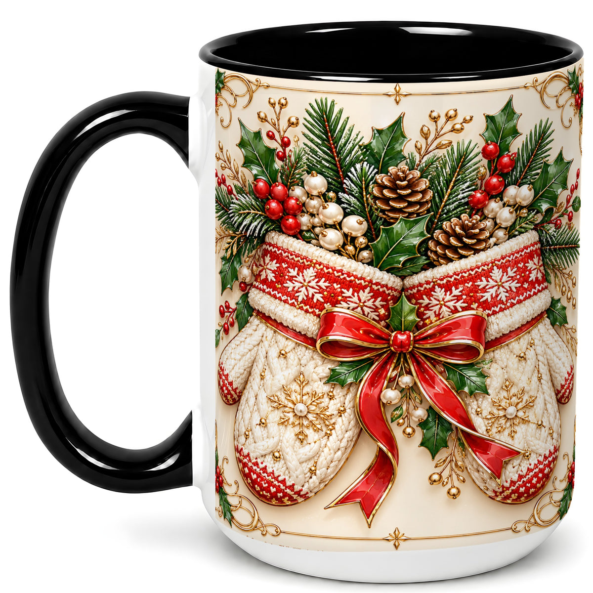 #pl[15oz|Black] Christmas Mittens Coffee Mug, Holly Pine Mug, Ceramic Cup