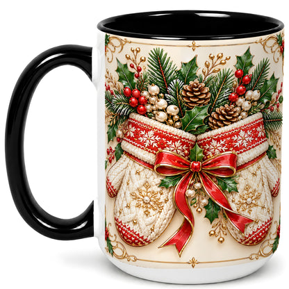 #pl[15oz|Black] Christmas Mittens Coffee Mug, Holly Pine Mug, Ceramic Cup