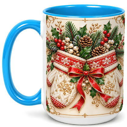 #pl[15oz|Blue] Christmas Mittens Coffee Mug, Holly Pine Mug, Ceramic Cup