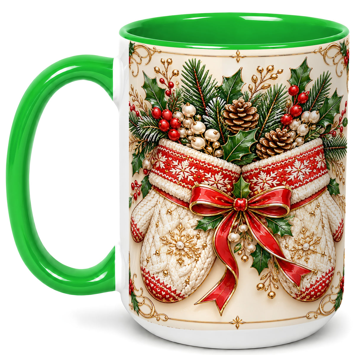#pl[15oz|Green] Christmas Mittens Coffee Mug, Holly Pine Mug, Ceramic Cup