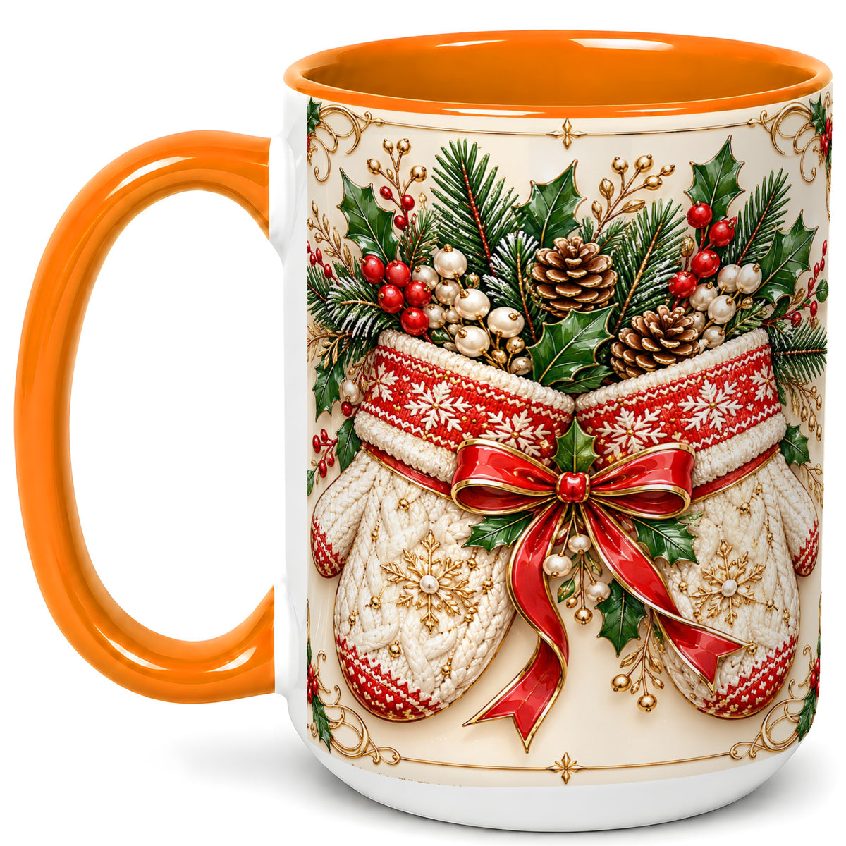 #pl[15oz|Orange] Christmas Mittens Coffee Mug, Holly Pine Mug, Ceramic Cup