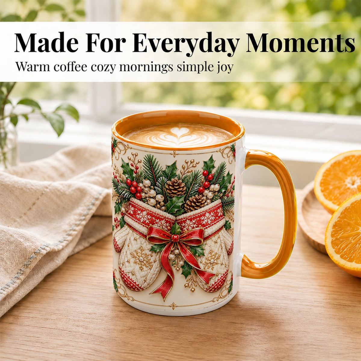 #pl[15oz|Orange] Christmas Mittens Coffee Mug, Holly Pine Mug, Ceramic Cup