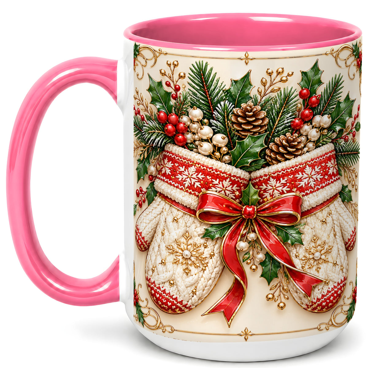 #pl[15oz|Pink] Christmas Mittens Coffee Mug, Holly Pine Mug, Ceramic Cup