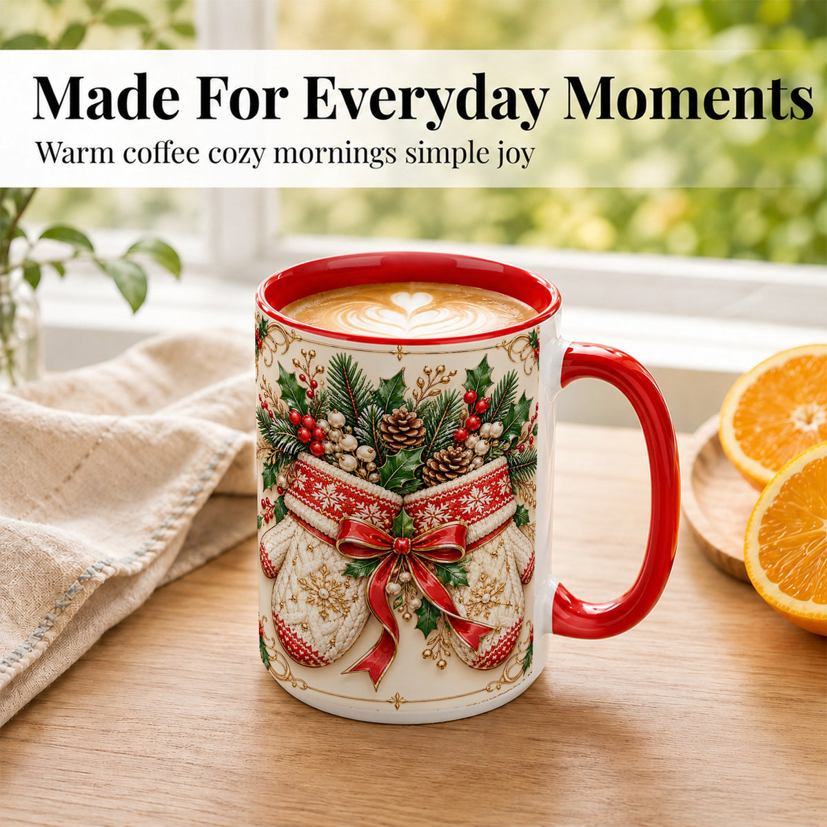 #pl[15oz|Red] Christmas Mittens Coffee Mug, Holly Pine Mug, Ceramic Cup