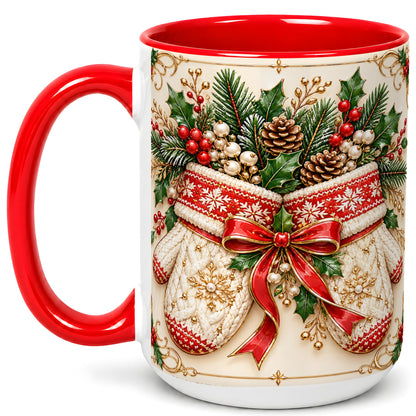 #pl[15oz|Red] Christmas Mittens Coffee Mug, Holly Pine Mug, Ceramic Cup