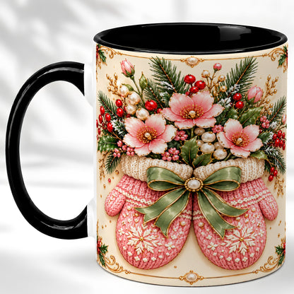 #pl[11oz|Black] Pink Christmas Mittens Coffee Mug, Floral Winter Mug, Ceramic Cup