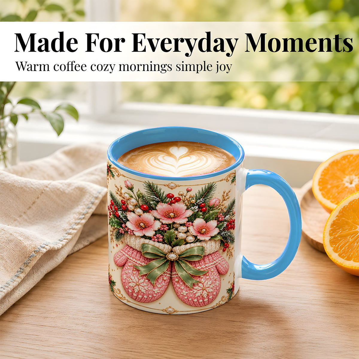 #pl[11oz|Blue] Pink Christmas Mittens Coffee Mug, Floral Winter Mug, Ceramic Cup