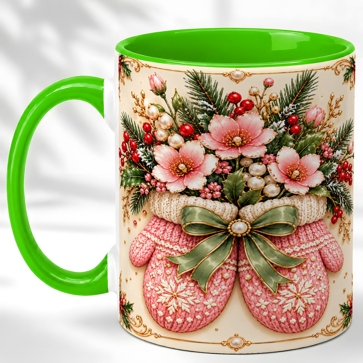 #pl[11oz|Green] Pink Christmas Mittens Coffee Mug, Floral Winter Mug, Ceramic Cup